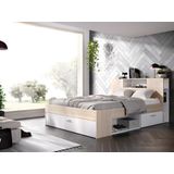Bed met hoofdeinde met opbergruimte en lades - 160 x 200 cm - Kleur: naturel en wit + nachtkastjes - LEANDRE