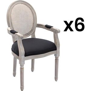 Set van 6 stoelen met armleuningen - Riet, stof en heveahout - Zwart - ANTOINETTE L 54.4 cm x H 95.5 cm x D 57 cm