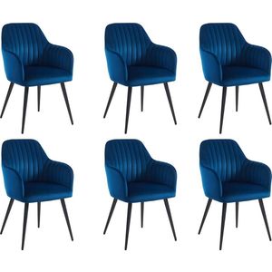 Set van 6 Stoelen met Fluweel en Zwarte Metalen Leuningen - Blauw