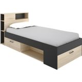Bed met hoofdbord, opbergruimte en lade - 90 x 190 cm - Antraciet en naturel + Bedbodem - LEANDRE