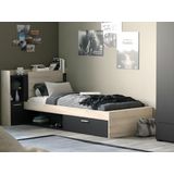 Bed 90 x 200 cm met opbergruimte - Zwart en naturel + Bedbodem + Matras - MARTELO