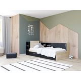 Bed 90 x 200 cm met opbergruimte - Zwart en naturel + Bedbodem + Matras - LIARA