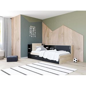 Bed 90 x 200 cm met opbergruimte - Zwart en naturel + Bedbodem + Matras - LIARA L 229.4 cm x H 87.7 cm x D 119.2 cm