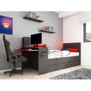 Vente-unique Gamer bed 2 x 90 x 200 - Met bureau - LED's - Antraciet en rood + Bedbodem - VOUANI L 242.8 cm x H 100.5 cm x D 98.7 cm