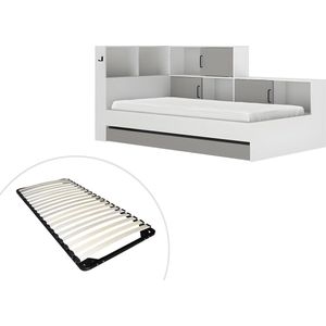 Bed met opbergruimte en lade 90 x 200 cm - Kleuren : wit en grijs + Bedbodem - ARMAND L 221 cm x H 104 cm x D 120 cm