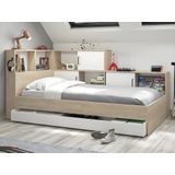 Bed met opbergruimte en lade 90 x 200 cm - Kleuren : naturel en wit + Bedbodem - ARMAND