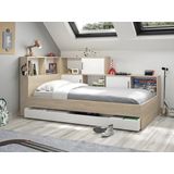 Bed met opbergruimte en lade 90 x 200 cm - Kleuren : naturel en wit + Bedbodem - ARMAND