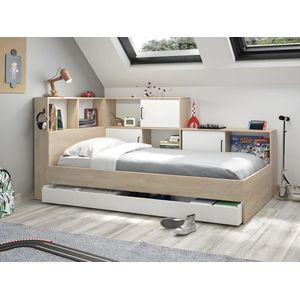 Bed met opbergruimte en lade 90 x 200 cm - Kleuren : naturel en wit + Bedbodem - ARMAND L 221 cm x H 104 cm x D 120 cm