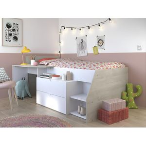 Bed met bureau en opbergruimte - 90 x 200 cm - Wit en naturel + Bedbodem - GISELE