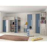 Mezzanine bed 90 x 200 cm met kleerkast en bureau - Blauw en wit + matras - NICOLAS