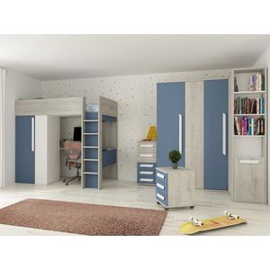 Vente-unique Mezzanine bed 90 x 200 cm met kleerkast en bureau - Blauw en wit + matras - NICOLAS L 205.2 cm x H 183.1 cm x D 110 cm