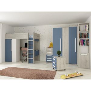 Mezzanine bed 90 x 200 cm met kleerkast en bureau - Blauw en wit + matras - NICOLAS