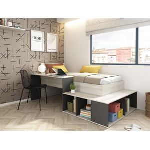 Hoogslaper 90 x 200 cm met opbergruimte en bureau - Kleur: naturel en antraciet + bedbodem - RIGALI L 233.2 cm x H 100.5 cm x D 128.8 cm