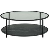 Salontafel met dubbel tafelblad van mdf, glas en staal - Zwart marmereffect en transparant - SHIVON L 90 cm x H 33.5 cm x D 90 cm