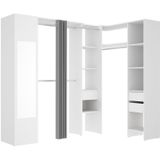 Hoekkledingkast met gordijn en 1 deur - Met spiegel -  L231 cm - Wit en grijs - BERTRAND