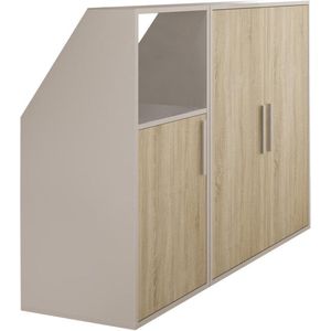 Zolderkast 3 deuren en 1 opbergvak - Wit en houtlook - ADEZIO L 139.4 cm x H 110 cm x D 50 cm