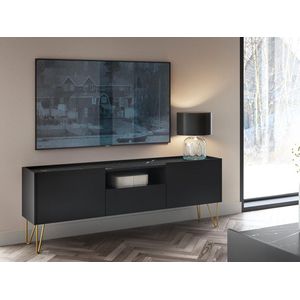 PASCAL MORABITO Tv-meubel met 2 deuren, 1 lade en 1 nis - Zwart, zwart marmereffect en goudkleurig - PIOLUN - van Pascal Morabito L 144 cm x H 55 cm x D 37 cm
