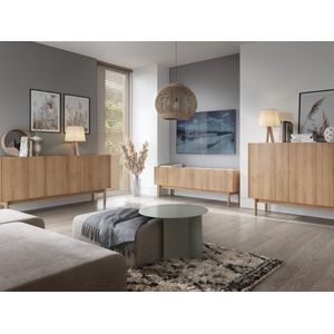 Tv-meubel met 3 deurtjes - Licht naturel en wit marmereffect - SITOLI L 144 cm x H 48 cm x D 37 cm