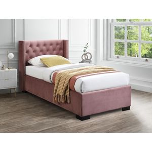 Bed met opbergruimte – 90 x 200 cm – Met gecapitonneerd hoofdbord – Fluweel – Roze – Met matras – MASSIMO L 214.5 cm x H 111 cm x D 107.5 cm