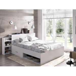 Bed met hoofdeinde met opbergruimte en lades 140 x 190 cm - Kleur: wit + bedbodem + matras - FLORIAN L 223 cm x H 83 cm x D 146 cm