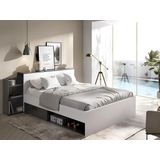 Bed met hoofdeinde met opbergruimte en lades 140 x 190 cm - Kleur: wit en antraciet + bedbodem + matras - FLORIAN