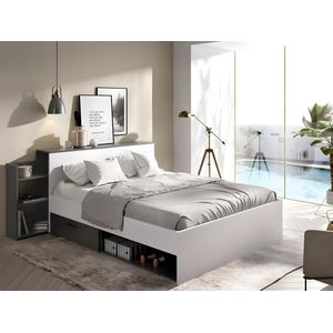 Bed met hoofdeinde met opbergruimte en lades 140 x 190 cm - Kleur: wit en antraciet + bedbodem + matras - FLORIAN L 223 cm x H 83 cm x D 146 cm