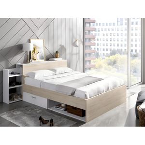 Bed met hoofdeinde met opbergruimte en lades 140 x 190 cm - Kleur: naturel en wit + bedbodem + matras - FLORIAN L 223 cm x H 85 cm x D 146 cm