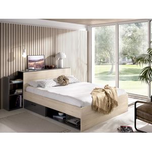 Bed met hoofdeinde met opbergruimte en lades 140 x 190 cm - Kleur: naturel en antraciet + bedbodem + matras - FLORIAN L 223 cm x H 83 cm x D 146 cm