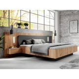 Bed met nachtkastjes 160 x 200 cm - 2 lades - Met ledverlichting - Kleur: naturel en antraciet + bedbodem + matras - FRANCOLI