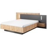 Bed met nachtkastjes 160 x 200 cm - 2 lades - Met ledverlichting - Kleur: naturel en antraciet + bedbodem + matras - FRANCOLI