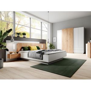 Bed met nachtkastjes 160 x 200 cm - 2 lades - Met ledverlichting - Wit en naturel + bedbodem + matras - FRANCOLI L 264.4 cm x H 102 cm x D 218.2 cm