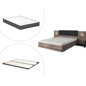 Bed met nachtkastjes 160 x 200 cm - Met ledverlichting - Kleur: naturel en antraciet + bedbodem + matras - LAONILE