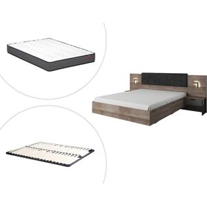 Vente-unique Bed met nachtkastjes 160 x 200 cm - Met ledverlichting - Kleur: naturel en antraciet + bedbodem + matras - LAONILE L 267.6 cm x H 102.5 cm x D 208.2 cm