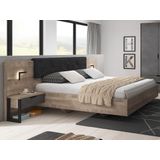 Set bed met nachtkastjes 160 x 200 cm + bedbodem + matras + ladekast + kast - Kleur: naturel en antraciet - LAONILE