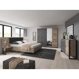 Set bed met nachtkastjes 160 x 200 cm + bedbodem + matras + ladekast + kast - Kleur: naturel en antraciet - LAONILE