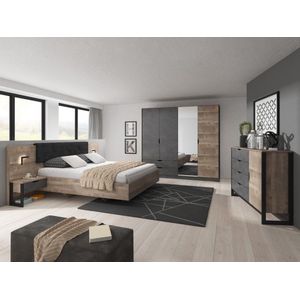 Set bed met nachtkastjes 160 x 200 cm + bedbodem + matras + ladekast + kast - Kleur: naturel en antraciet - LAONILE L 164.4 cm x H 102.5 cm x D 208.2 cm