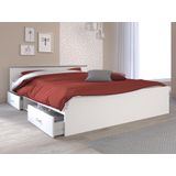 Bed met opbergruimte 140 x 190 cm - 2 lades en 1 opbergvak - Kleur: wit + onderbed + matras - PABLO