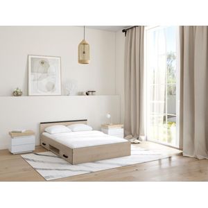 Bed met opbergruimte 140 x 190 cm - 2 lades en 1 opbergvak - Kleur: houtlook + onderbed + matras - PABLO L 145.8 cm x H 58.9 cm x D 193 cm