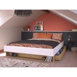 Bed met lade en opbergvak - 160 x 200 cm - Kleur: Wit en houtlook + bedbodem + matras - MISTA