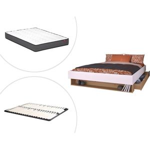 Bed met lade en opbergvak - 160 x 200 cm - Kleur: Wit en houtlook + bedbodem + matras - MISTA L 164 cm x H 28 cm x D 206 cm