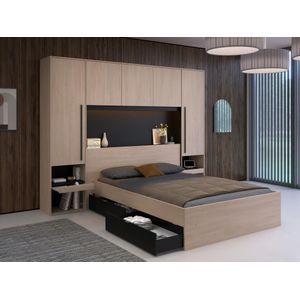 Bed met opbergruimte 140 x 190 cm - Met ledverlichting - Kleur: naturel en zwart + bedbodem - VELONA