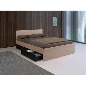Bed met 2 lades 160 x 200 cm - Kleur: houtlook en zwart + bedbodem + matras - VELONA L 164.4 cm x H 82.6 cm x D 203.6 cm
