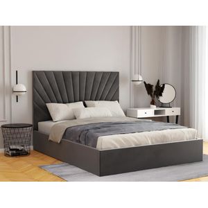 PASCAL MORABITO Bed met opbergruimte 140 x 190 cm - Fluweel - Grijs + matras - RILIODA L 153 cm x H 120 cm x D 209 cm