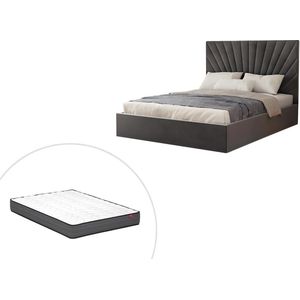 Bed met opbergruimte 160 x 200 cm - Fluweel - Grijs + matras - RILIODA L 173 cm x H 120 cm x D 214 cm