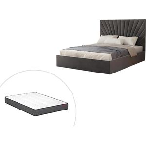 PASCAL MORABITO Bed met opbergruimte 160 x 200 cm - Fluweel - Grijs + matras - RILIODA L 173 cm x H 120 cm x D 214 cm