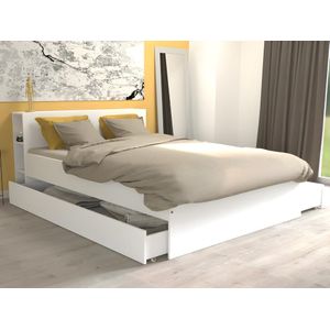 Bed met hoofdeinde met opbergruimte en lades 140 x 190 cm - Wit + bedbodem + matras - EUGENE L 215.5 cm x H 80 cm x D 144 cm