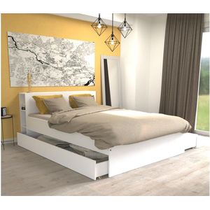 Bed met hoofdeinde met opbergruimte en lades 160 x 200 cm - Wit + bedbodem + matras - EUGENE L 225 cm x H 80 cm x D 164 cm