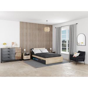 Bed 140 x 200 cm met opbergruimte - Kleur: naturel en zwart + lattenbodem + matras - ERALIA L 144.7 cm x H 87.7 cm x D 227 cm