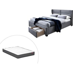 Bed 160 x 200 cm met lades - Hoofdbord met uitspringende randen - Stof - Grijs + matras - ALESSANDRO II