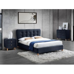 Bed 140 x 190 cm met gecapitonneerd hoofdbord - Stof - Blauw + matras - ELIDE